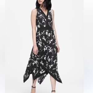 Beautiful, Sleek, Fun Black and White Floral Print Handkerchief Flowy Dress